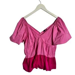 Strut & Bolt Top Women L Pink Red Color Block Sweetheart Neckline Tiered Cottage